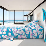 White and Soft Pink Hawaiian Flowers on Aqua Ocean Blue Sheet Set from Surfer Bedding™️ Medium Scale - Extremely Stoked