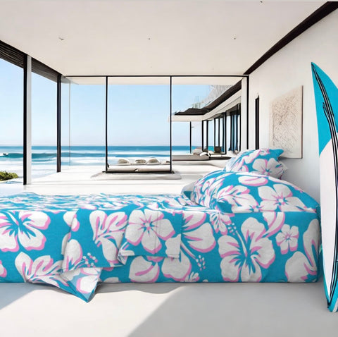 White and Soft Pink Hawaiian Flowers on Aqua Ocean Blue Sheet Set from Surfer Bedding™️ Medium Scale - Extremely Stoked