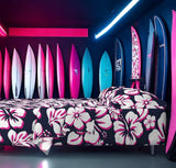 Navy Blue, Surfer Girl Pink and White Hawaiian Flowers Sheet Set from Surfer Bedding™️ Medium Scale - Extremely Stoked