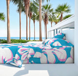 White and Soft Pink Hawaiian Flowers on Aqua Ocean Blue Sheet Set from Surfer Bedding™️ Large Scale - Extremely Stoked