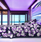 Navy Blue, White and Purple Hawaiian Flowers Sheet Set from Surfer Bedding™️ Medium Scale - Extremely Stoked