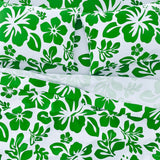 Fresh Green Hawaiian Flowers on White Sheet Set from Surfer Bedding™️ Medium Scale - Extremely Stoked