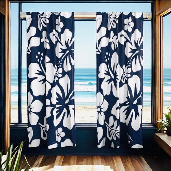 White Hawaiian Flowers on Navy Blue Window Curtains - Extremely Stoked