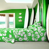 White Hawaiian Flowers on Bright Lime Green Sheet Set from Surfer Bedding™️ Medium Scale - Extremely Stoked