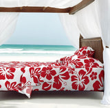 Surfer Red Hawaiian Flowers on White Sheet Set from Surfer Bedding™️ Medium Scale - Extremely Stoked