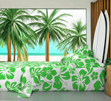 Bright Lime Green Hawaiian Flowers on White Sheet Set from Surfer Bedding™️ Medium Scale - Extremely Stoked