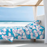 White and Soft Pink Hawaiian Flowers on Aqua Ocean Blue Sheet Set from Surfer Bedding™️ Medium Scale - Extremely Stoked