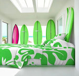 Bright Lime Green Hawaiian Flowers on White Sheet Set from Surfer Beddingā¢ļø Large Scale - Extremely Stoked