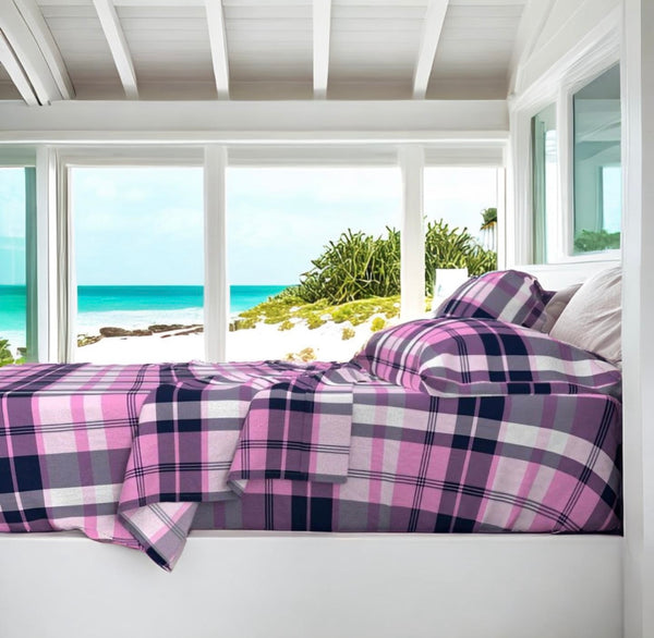 Navy Blue and Pink Preppy Surfer Plaid Sheet Set- Extremely Stoked® Eco Luxe Beach Bedding