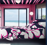 Navy Blue, Surfer Girl Pink and White Hawaiian Flowers Sheet Set from Surfer Bedding™️ Large Scale - Extremely Stoked
