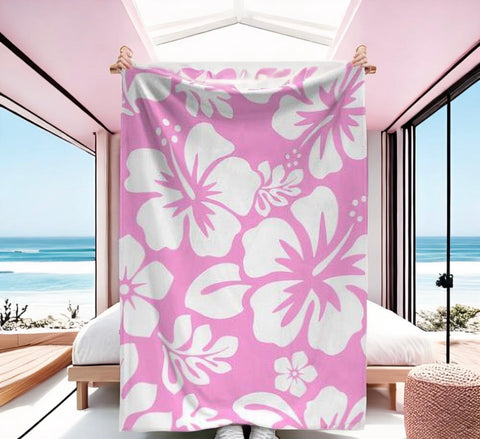 White and Pink Hawaiian Flowers Minky Throw Blanket - Extremely Stoked