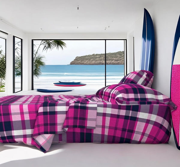 Navy Blue and Hot Pink Preppy Surfer Plaid Sheet Set - Extremely Stoked® Eco Luxe Beach Bedding