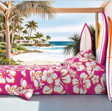 Surfer Girl Pink, Juicy Orange and White Hawaiian Flowers Sheet Set from Surfer Bedding™️ Medium Scale - Extremely Stoked