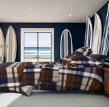Navy Blue and Brown Preppy Surfer Plaid Sheet Set - Extremely Stoked® Eco Luxe Beach Bedding