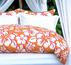Juicy Orange, White and Surfer Girl Pink Hibiscus and Hawaiian Flowers Duvet Cover - Medium Scale - Extremely Stoked