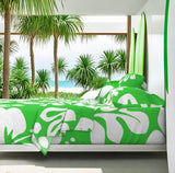 White Hawaiian Flowers on Bright Lime Green Sheet Set from Surfer Bedding™️ Large Scale - Extremely Stoked