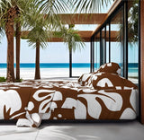 White Hawaiian Flowers on Chocolate Brown Sheet Set from Surfer Bedding™️ Large Scale - Extremely Stoked