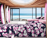 Navy Blue, Surfer Girl Pink and White Hawaiian Flowers Sheet Set from Surfer Bedding™️ Medium Scale - Extremely Stoked