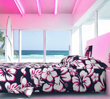 Navy Blue, Surfer Girl Pink and White Hawaiian Flowers Sheet Set from Surfer Bedding™️ Medium Scale - Extremely Stoked