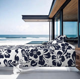 Navy Blue Hawaiian Flowers on White Sheet Set from Surfer Bedding™️ Medium Scale - Extremely Stoked