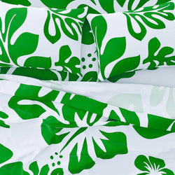 Fresh Green Hawaiian Flowers on White Sheet Set from Surfer Bedding™️ Large Scale - Extremely Stoked