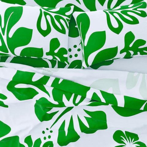 Fresh Green Hawaiian Flowers on White Sheet Set from Surfer Bedding™️ Large Scale - Extremely Stoked