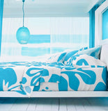 Aqua Ocean Blue Hawaiian Flowers on White Sheet Set from Surfer Bedding™️ Large Scale - Extremely Stoked