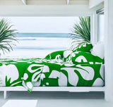 White Hawaiian Flowers on Fresh Green Sheet Set from Surfer Bedding™️ Large Scale - Extremely Stoked