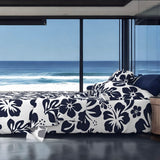Navy Blue Hawaiian Flowers on White Sheet Set from Surfer Bedding™️ Medium Scale - Extremely Stoked