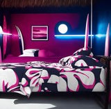 Navy Blue, Surfer Girl Pink and White Hawaiian Flowers Sheet Set from Surfer Bedding™️ Large Scale - Extremely Stoked