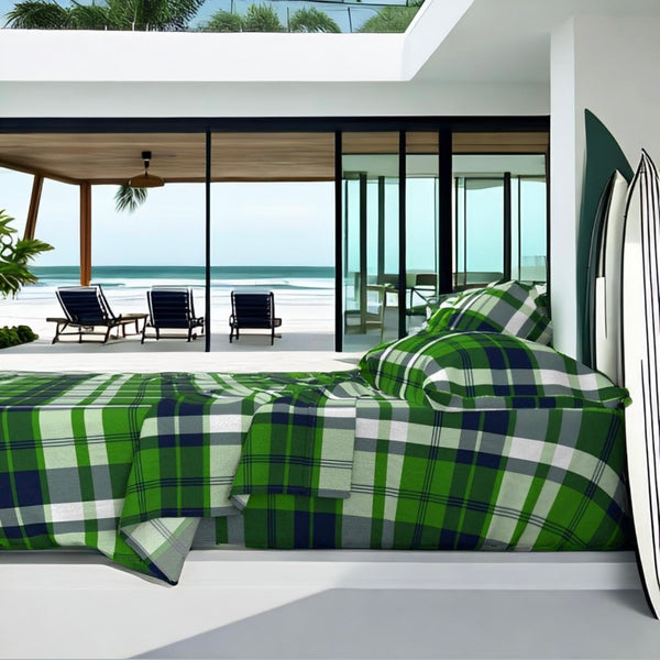 Navy Blue and Fresh Green Preppy Surfer Plaid Sheet Set - Extremely Stoked® Eco Luxe Beach Bedding