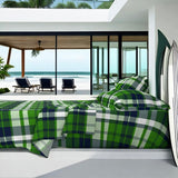 Navy Blue and Fresh Green Preppy Surfer Plaid Sheet Set - Extremely Stoked® Eco Luxe Beach Bedding