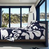 White Hawaiian Flowers on Navy Blue Sheet Set from Surfer Bedding™️ Large Scale - Extremely Stoked
