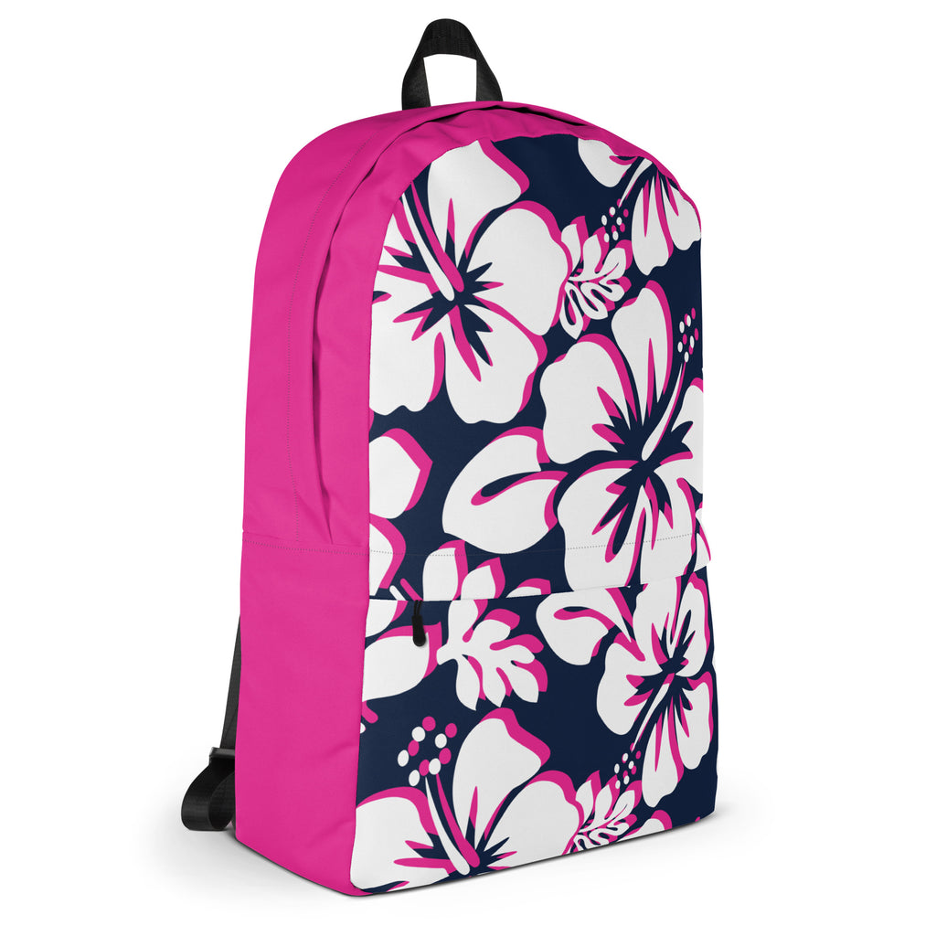 Kids Navy Blue, Hot Pink and White Hawaiian Flowers Backpack  display picture 1