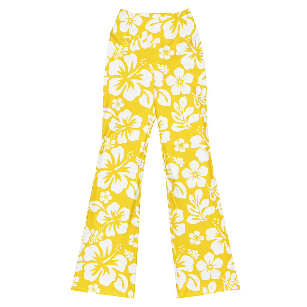 White and Yellow Hawaiian Flowers Flare Leggings – Extremely