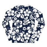 Kids Navy Blue and White Hawaiian Flowers Rash Guard - Extremely Stoked