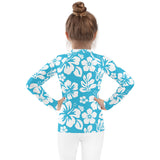 Kids Aqua Blue and White Hawaiian Flowers Rash Guard – Eco Swim Shirt by Extremely Stoked®