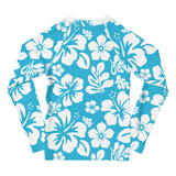 Kids Aqua Blue and White Hawaiian Flowers Rash Guard – Eco Swim Shirt by Extremely Stoked®