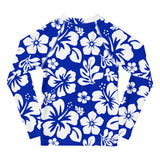 Kids Royal Blue and White Hawaiian Flowers Rash Guard – Eco Swim Shirt by Extremely Stoked®