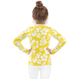 Kids Yellow and White Hawaiian Flowers Rash Guard – Eco Swim Shirt by Extremely Stoked®