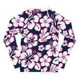 Kids Navy Blue, White and Hot Pink Hawaiian Flowers Rash Guard – Eco Swim Shirt by Extremely Stoked®