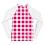 Cherry Red, White and Pink Gingham Kids Rash Guard with White Sleeves – Eco Swim Shirt by Extremely Stoked®