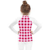 Cherry Red, White and Pink Gingham Kids Rash Guard with White Sleeves – Eco Swim Shirt by Extremely Stoked®