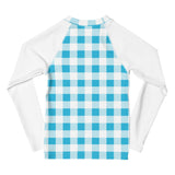 Aqua Blue and White Gingham Kids Rash Guard with White Sleeves – Eco Swim Shirt by Extremely Stoked®