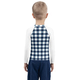 Navy Blue and White Gingham Kids Rash Guard with White Sleeves – Eco Swim Shirt by Extremely Stoked®