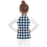 Navy Blue and White Gingham Kids Rash Guard with White Sleeves – Eco Swim Shirt by Extremely Stoked®