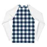 Navy Blue and White Gingham Kids Rash Guard with White Sleeves – Eco Swim Shirt by Extremely Stoked®