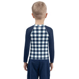 Navy Blue and White Gingham Kids Rash Guard with Navy Blue Sleeves – Eco Swim Shirt by Extremely Stoked®
