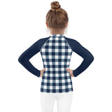 Navy Blue and White Gingham Kids Rash Guard with Navy Blue Sleeves – Eco Swim Shirt by Extremely Stoked®