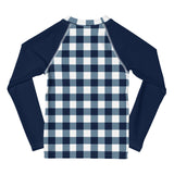 Navy Blue and White Gingham Kids Rash Guard with Navy Blue Sleeves – Eco Swim Shirt by Extremely Stoked®
